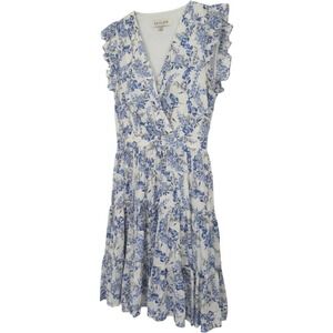 Taylor Floral Ruffle Faux Wrap Dress Women Medium Blue V-Neck Tiered Cotton NWT